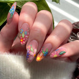 Xpoko 24pcs Spring/Summer Flowers Fake Nail Colorful flower Pattern False Nails Full Cover Wearable Sweet Korean Almond Press On Nails