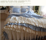 Xpoko back to school High end Luxury Bedding set Cotton Blue Plaid Cake Layers Lace Ruffle Bowknot Duvet cover Bed skirt Linens Pillowcases