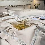 Xpoko Beige Hollow out Embroiderd Long Staple Cotton Bedlinens Bedding Set (Duvet Cover Flat Sheet Pillow Shams) Queen King Size