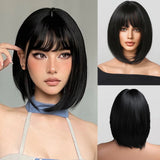 Xpoko Light Brown Short Bob Straight Synthetic Wig With Bangs for Black Women Natural Cosplay Daily Halloween Use Heat Resistant Fiber