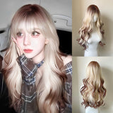 Xpoko Long Wavy Brown Synthetic Wig Long Curly Wig with Bangs for White Women Korean Daily Party Cosplay Christmas Heat Resistant Hair