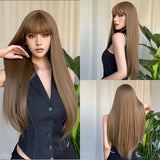 Xpoko Long Straight Synthetic Wigs Light Brown Hair with Bangs Natural Brown Wig for White Women Heat Resistant Daily Party Cosplay