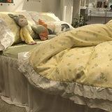 Xpoko  -  Fairyfair lace green yellow floral bedding set,cute sweet flower cotton full queen home textile bed skirt pillowcase duvet cover