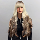 Xpoko Blonde Wig With Bangs Long Wavy Curly Ombre Wig with Dark Root Synthetic Heat Resistant Wigs for Women Daily Party Use 32Inch