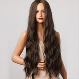 Xpoko 28 Inch Brown Wavy Wigs For Women Romantic Elegant Brown Mid-split Long Curly Synthetic Wigs for Party Daily Use