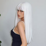 Xpoko Synthetic White Cosplay Wig Long Straight Blonde Wigs with Bangs Party Lolita Hair Wig for Women Heat Resistant Halloween Hair