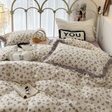 Xpoko  -  French Small Floral Printed Bedding Set, Double Layer Lace Ruffles, 100% Cotton, Duvet Cover Set, Bed Linen, Pillowcases