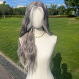 Xpoko Handmade Small Lace Gray Gradient Highlight Dyed Corn Perm Long Hair Wave Roll Realistic Synthetic Fiber Full Head Wig