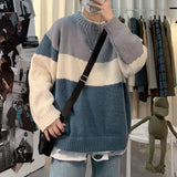 Xpoko Original lazy style soft and waxy contrast striped sweater for men and women autumn and winter pullover loose round neck sweater