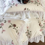 Xpoko  -  Lace Ruffles Princess Pure Cotton Bedding Set Floral Quilt Cover Girls Wedding Home Textiles Duver Cover Bed Sheet Pillowcases