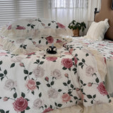 Xpoko  -  100% Cotton Vintage French Pastoral Style Rose Flowers Double Layer Lace Ruffles Bedding Set Duvet Cover Bed Skirt Pillowcases