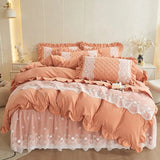 Xpoko Elegant Brushed 4pcs Bedding Set Queen King Size Lace Duvet Cover Set Quilted Bedspread with Ruffle Skirt and 2 Pillow Shams