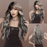 Xpoko Long Wavy Black Wigs for Women Daily Use Layer Highlight Purple Synthetic Wavy Hair Wigs With Bangs High Density Wigs