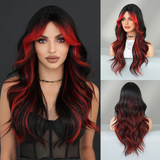 Xpoko Loose Body Wave Black Highlight Red Wig for Women Daily Party High Density Synthetic Middle Part Hair Wig with Curtain Bangs