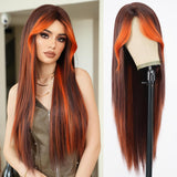 Xpoko Ombre Orange Brown Long Straight Wigs with Curtain Bangs Natural Heat Resistant Synthetic Fiber Layered Auburn Highlight Midlle