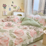 Xpoko Lovely Princess Flower Print Ruffles Bedding Set 100% Cotton Cute Girls Duvet Cover Set with Bed Sheet Kawaii Bedding Sets Soft