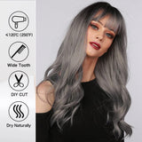 Xpoko Long Wavy Silver Ash Ombre Cosplay Synthetic Wigs Natural Curly Gray Black Hair Wig with Bangs for Women Afro Heat Resistant