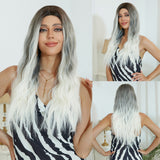 Xpoko Synthetic Long Water Wave Gray White Ombre Wig Halloween Cosplay Party Hair Wigs with Highlight White for Women Heat Resistant