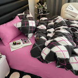 Xpoko Fashion Style Pink,Black 4pcs Bedding Set Luxury Pure Cotton Soft Duvet Cover Comforter Pillowcases Bed Flat Sheet Set for Girl