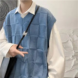 Xpoko Sweater vest men solid color plaid V-neck Hong Kong style couple waistcoat loose versatile bottoming sleeveless sweater trendy