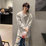 Xpoko Henry collar gray long-sleeved T-shirt men spring and autumn American retro fake two-piece right shoulder sweatshirt heavy base