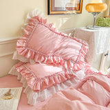 Xpoko Egyptina Cotton Bedding Set Luxury Pink Lace Ruffle Duvet Cover Bedspread Bed Skirt Pillowcases Korean Princess Home Textile