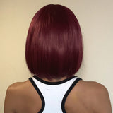 Xpoko HAlloween Customer Wig Short  Straight Wine Red Synthetic Wig with Bangs Burgundy Natural Bob Straight Wig for Women Cosplay Use