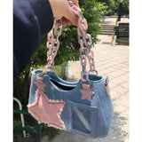 Xpoko back to school Korean Fashion Shoulder Underarm Harajuku Star Tote Denim Bag Chain Ladies Bags Zip Purses Handbags Women 2025 Luxury Square Bag