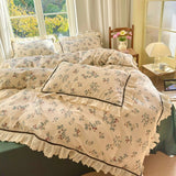 Xpoko Floral Print Pure Cotton Home Bedding Set Lace Edge Duvet Cover Set With Flat Sheet Vintage Rose Comforter Covers Pillowcases