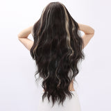 Xpoko 32-inch long brown curly wig hair cover, gold highlights, high-temperature silk material, personalized daily style