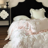 Xpoko Princess Style 3D Flower Bedding Set 100 Thread Count Autumn and Winter Cotton Duvet Cover Solid White Quilt Covers with Ruffles