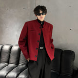 Xpoko Men Winter Outfit Wine Red Blazers Men Suit Jackets Casual Stand Collar Solid Color Male Short Coats Korean Trendy Men's Clothing Autumn New