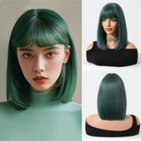 Xpoko Dark Green Bob Synthetic Wigs Short Straight Wig Green Hair with Bangs for Women Party Cosplay Use Heat Resistant