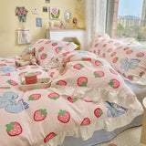 Xpoko Lovely Princess Flower Print Ruffles Bedding Set 100% Cotton Cute Girls Duvet Cover Set with Bed Sheet Kawaii Bedding Sets Soft