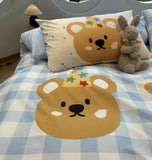 Xpoko  -  Cute cartoon bear blue plaid bedding set single double kid,twin full queen cotton home textile bed sheet pillow case quilt cover