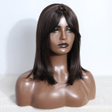 Xpoko Dark Brown Black Synthetic Wigs with Bangs Medium Straight Bob Natural Hairs for Women Daily Cosplay Heat Resistant