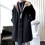 Xpoko Men Winter Outfit Trench Men Fashion Turn Down Collar Hooded Trenchcoat Autumn Single-breasted Loose Windbreaker Casual Overcoat Fake Two Piece