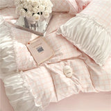 Xpoko Korean Style Princess Bedding Set Luxury Pink Lattice Duvet Cover Ruffles Lace Bedspread Bed Sheet Pillowcases