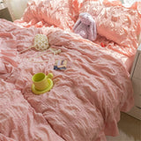 Xpoko Korean Princess Seersucker Kawaii Bedding Set Lovely Ruffles Girl Duvet Cover Set Solid Color Soft Comfortable Bed Sets 220x240