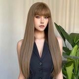 Xpoko Long Straight Synthetic Wigs Light Brown Hair with Bangs Natural Brown Wig for White Women Heat Resistant Daily Party Cosplay