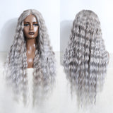 Xpoko Synthetic Lace Front Curly Wigs For Women 30 inches Soft Deep Wavy Grey Color  Cosplay Wigs Heat Resistant