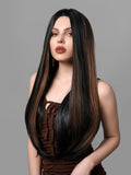 Xpoko Brown Highlight Synthetic Wigs Long Silk Straight Wig with Bangs Middle Part Natural Brown Daily Wig Heat Resistant