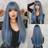 Xpoko Long Straight Blue Wigs with Bangs Natural Synthetic Wig for Women Daily Cosplay Party Heat Resistant Fiber Lolita Wigs