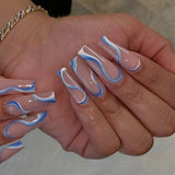 Xpoko Wavy Lines Blue And White Press On Nails