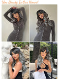 Xpoko Grey Wig with Bangs - Ombre Gray Wigs for Women Long Wavy Layered Black Root Realistic Hair, Natural Synthetic Heat Resistant