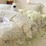 Xpoko  -  Korean Floral Lace Ruffles Bedding Set Soft Skin Friendly 200X230cm Duvet Cover Set 1.5M/1.8M Bed Skirt Bedspread Pillowcases