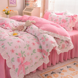 Xpoko Pastoral Style Bedding Set Cotton 3/4pcs Floral Duvet Cover with Pillowcases Cute Flowers Bed Skirtwith Zipper Quilt Cover