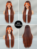 Xpoko Ombre Orange Brown Long Straight Wigs with Curtain Bangs Natural Heat Resistant Synthetic Fiber Layered Auburn Highlight Midlle