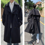 Xpoko Men Winter Outfit Korean style Spring Trench Coat Male Streetwear Windbreaker Trenchcoat Men Solid Business Casual Loose Long Overcoat