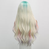 Xpoko 26in Daily Women's Party Wig Fashionable Rainbow Long Curly Hair Cos Forehead Lace Big Wave Sexy Wig